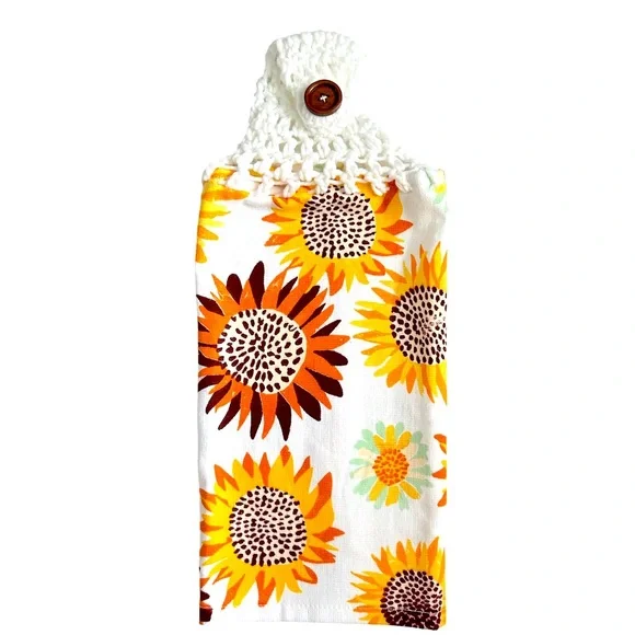 HAND CRAFTED Crocheted Top Sunflowers Hanging Kitchen or Bathroom Hand Towels - Picture 5 of 10